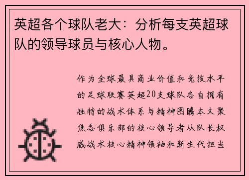 英超各个球队老大：分析每支英超球队的领导球员与核心人物。
