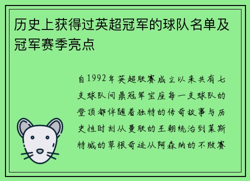 历史上获得过英超冠军的球队名单及冠军赛季亮点